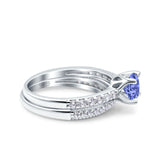 Art Deco Two Piece Wedding Bridal Ring Band Round Simulated Cubic Zirconia 925 Sterling Silver