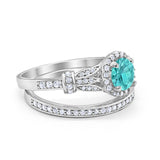 Two Piece Art Deco Wedding Ring Bridal Set Band Round Simulated Cubic Zirconia 925 Sterling Silver