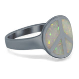 Peace Sign Ring Inlay Round Lab Created Opal 925 Sterling Silver