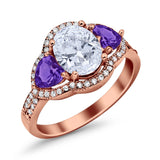 Halo Oval Simulated Cubic Zirconia Heart Amethyst CZ Ring 925 Sterling Silver