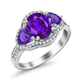 Halo Oval Simulated Cubic Zirconia Heart Amethyst CZ Ring 925 Sterling Silver