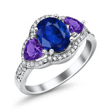 Halo Oval Simulated Cubic Zirconia Heart Amethyst CZ Ring 925 Sterling Silver