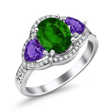 Halo Oval Simulated Cubic Zirconia Heart Amethyst CZ Ring 925 Sterling Silver