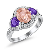 Halo Oval Simulated Cubic Zirconia Heart Amethyst CZ Ring 925 Sterling Silver