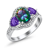 Halo Oval Simulated Cubic Zirconia Heart Amethyst CZ Ring 925 Sterling Silver