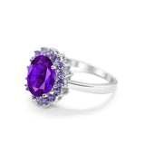 Halo Ring Simulated Purple Amethyst Oval Cubic Zirconia 925 Sterling Silver