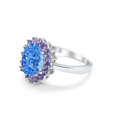 Halo Ring Simulated Purple Amethyst Oval Cubic Zirconia 925 Sterling Silver