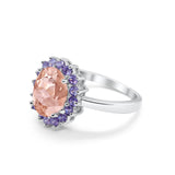 Halo Ring Simulated Purple Amethyst Oval Cubic Zirconia 925 Sterling Silver