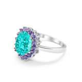 Halo Ring Simulated Purple Amethyst Oval Cubic Zirconia 925 Sterling Silver