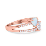 Heart Promise Ring Double Heart Created White Opal Round Simulated Cubic Zirconia 925 Sterling Silver