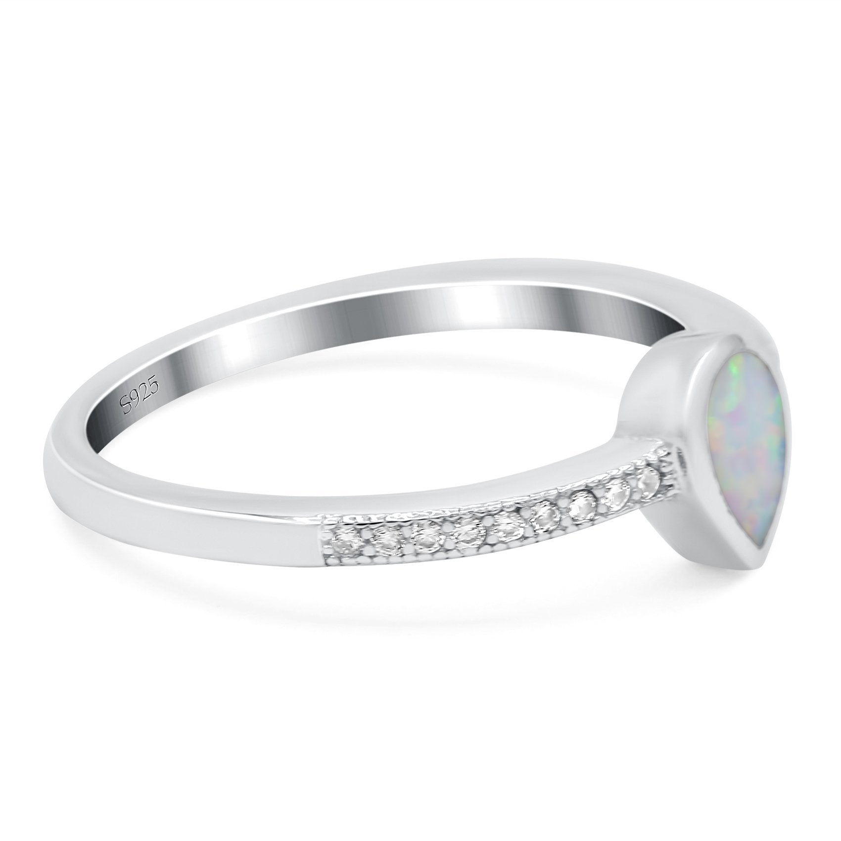 Half Eternity Pear Lab Created Opal Wedding Ring Band Simulated Cubic Zirconia 925 Sterling Silver
