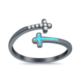 Cross Ring Sideways Round Eternity Simulated CZ Lab Opal 925 Sterling Silver