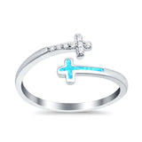 Cross Ring Sideways Round Eternity Simulated CZ Lab Opal 925 Sterling Silver