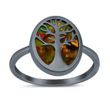 Oval Tree of Life Ring Lab Created Opal Rhodium Plated 925 Sterling Silver