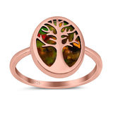 Oval Tree of Life Ring Lab Created Opal Rhodium Plated 925 Sterling Silver