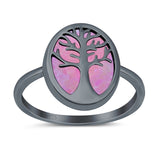 Oval Tree of Life Ring Lab Created Opal Rhodium Plated 925 Sterling Silver