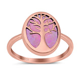 Oval Tree of Life Ring Lab Created Opal Rhodium Plated 925 Sterling Silver