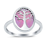 Oval Tree of Life Ring Lab Created Opal Rhodium Plated 925 Sterling Silver