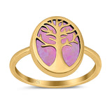 Oval Tree of Life Ring Lab Created Opal Rhodium Plated 925 Sterling Silver