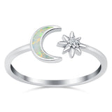 Moon & Star Ring Lab Created Opal Simulated Cubic Zirconia 925 Sterling Silver