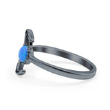 Crescent Moon Ring Band Lab Created Blue Opal Oxidized Round 925 Sterling Silver