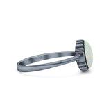 Petite Dainty Oxidized Thumb Ring Round Lab Opal Ring Solid 925 Sterling Silver