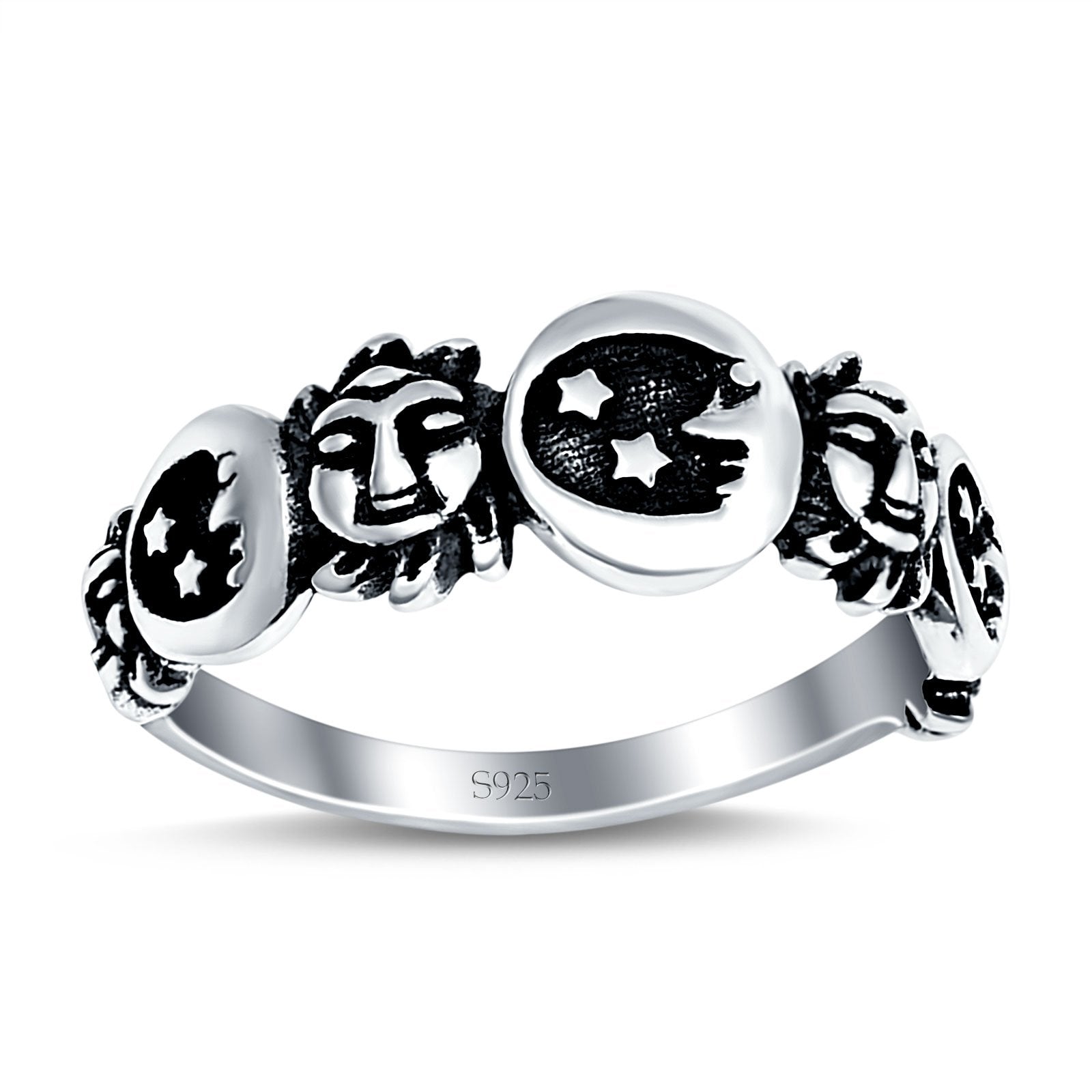 Moon and Sun Ring Band Oxidized Round 925 Sterling Silver (8mm)