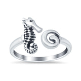 Shell and Seahorse Plain Ring Band Oxidized 925 Sterling Silver