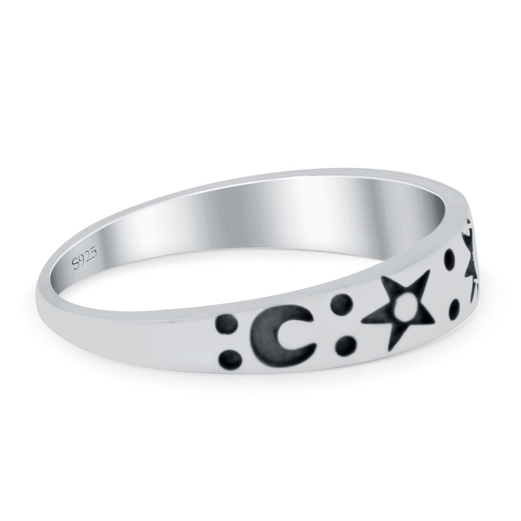 Moon Sun and Stars Band Oxidized Ring Solid 925 Sterling Silver (4mm)