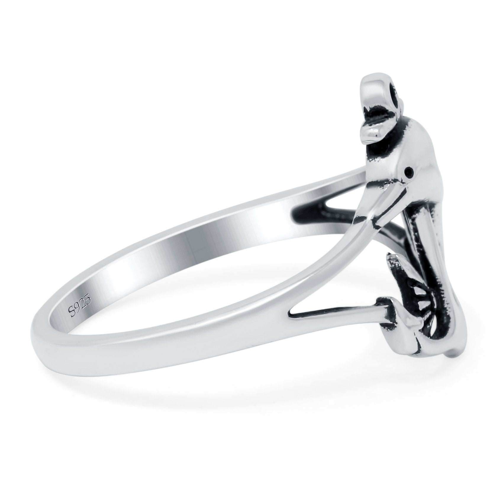 Dolphins & Anchor Oxidized Band Solid 925 Sterling Silver (14mm)