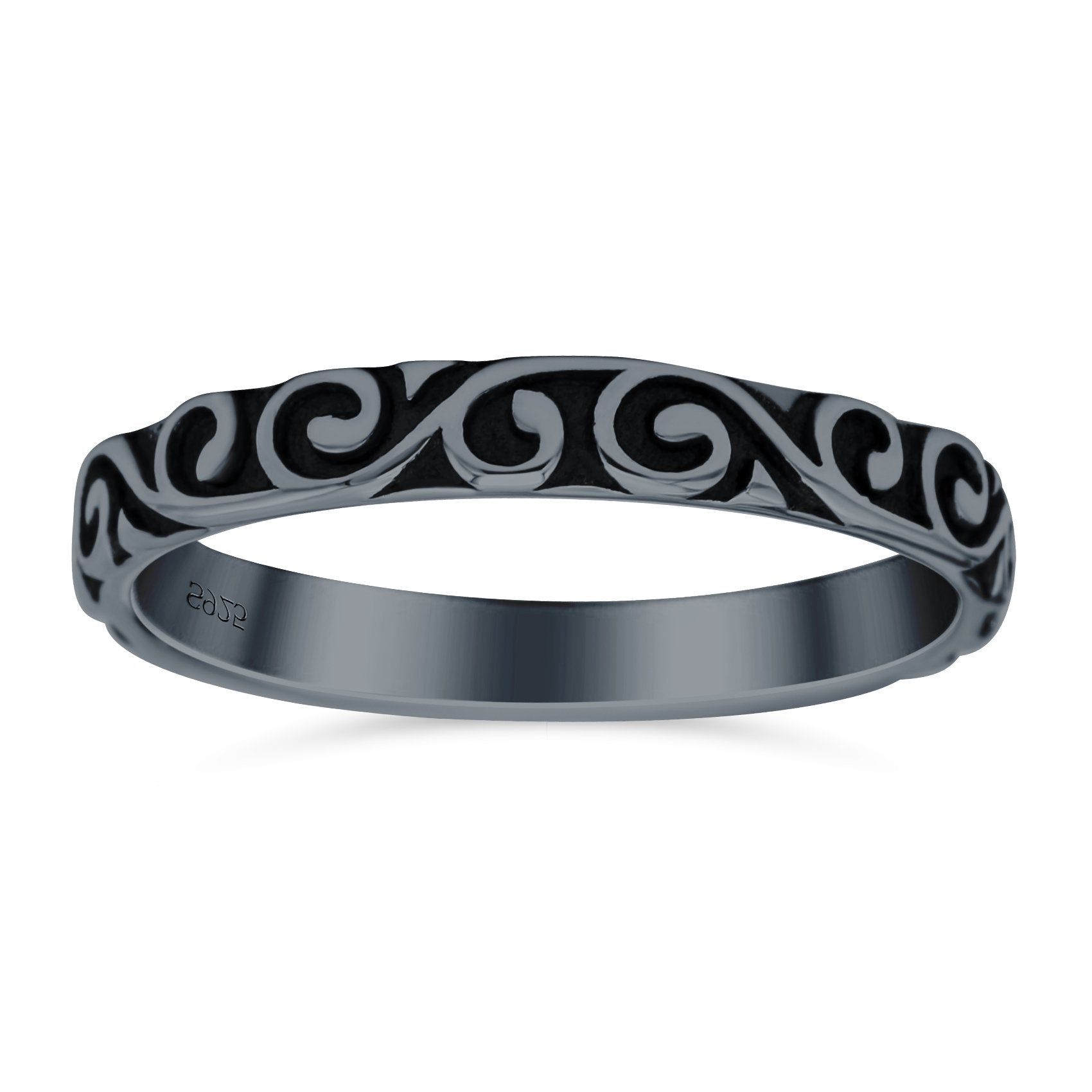 Swirls Ring Oxidized Band Solid 925 Sterling Silver Thumb Ring (4mm)