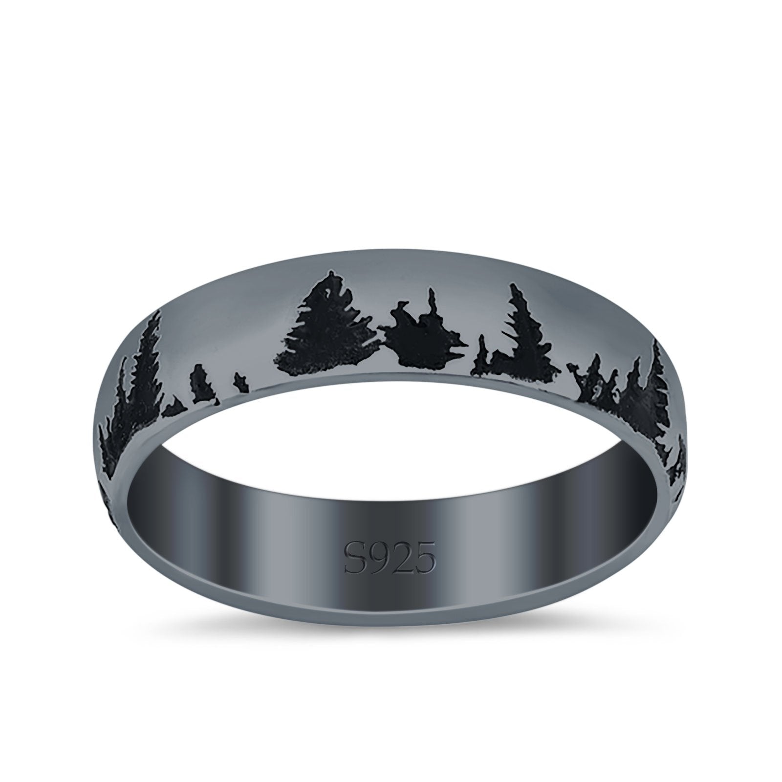 Forest Trees Band Oxidized Ring Solid 925 Sterling Silver (4.7mm)
