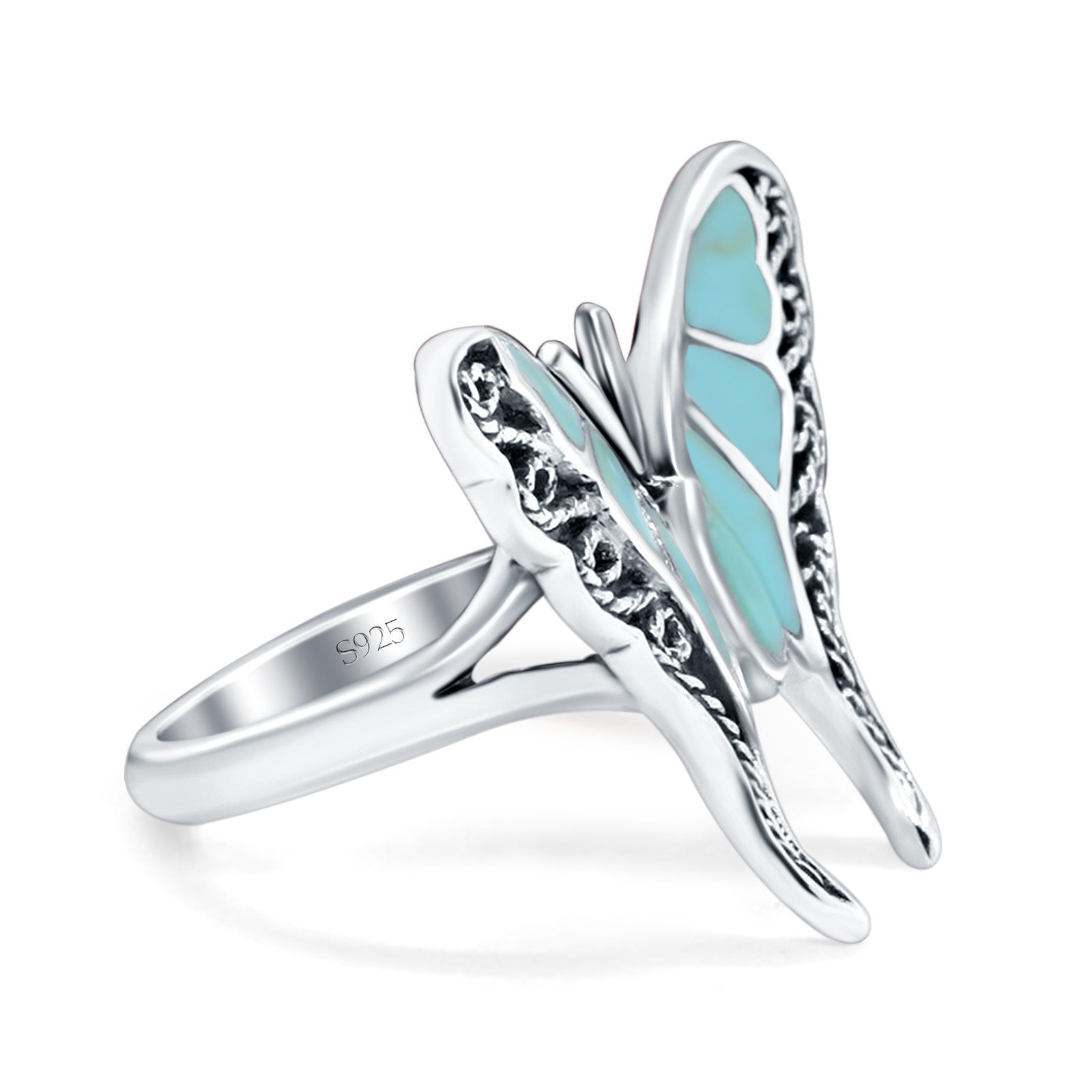 Solitaire Butterfly Ring Band Oxidized Simulated Turquoise Solitaire Butterfly Ring Band Oxidized Simulated Turquoise