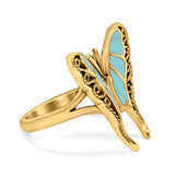 Solitaire Butterfly Ring Band Oxidized Simulated Turquoise CZ 925 Sterling Silver