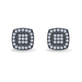 Square Cushion Shape Simulated CZ Stud Earrings Screw-Back Round Pave 925 Sterling Silver