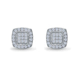 Square Cushion Shape Simulated CZ Stud Earrings Screw-Back Round Pave 925 Sterling Silver