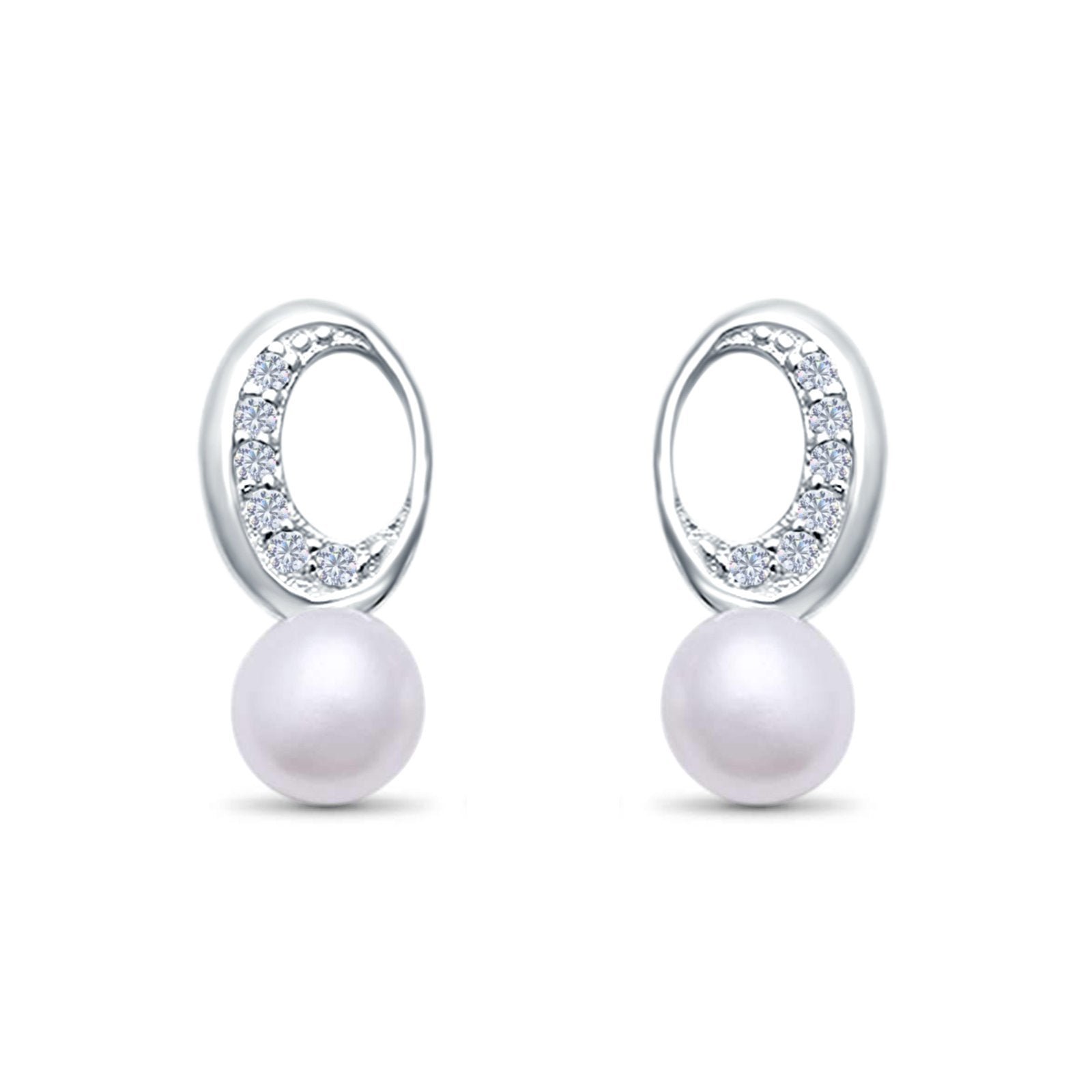 Circle Pearl Stud Earrings Simulated CZ 925 Sterling Silver