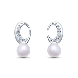 Circle Pearl Stud Earrings Simulated CZ 925 Sterling Silver