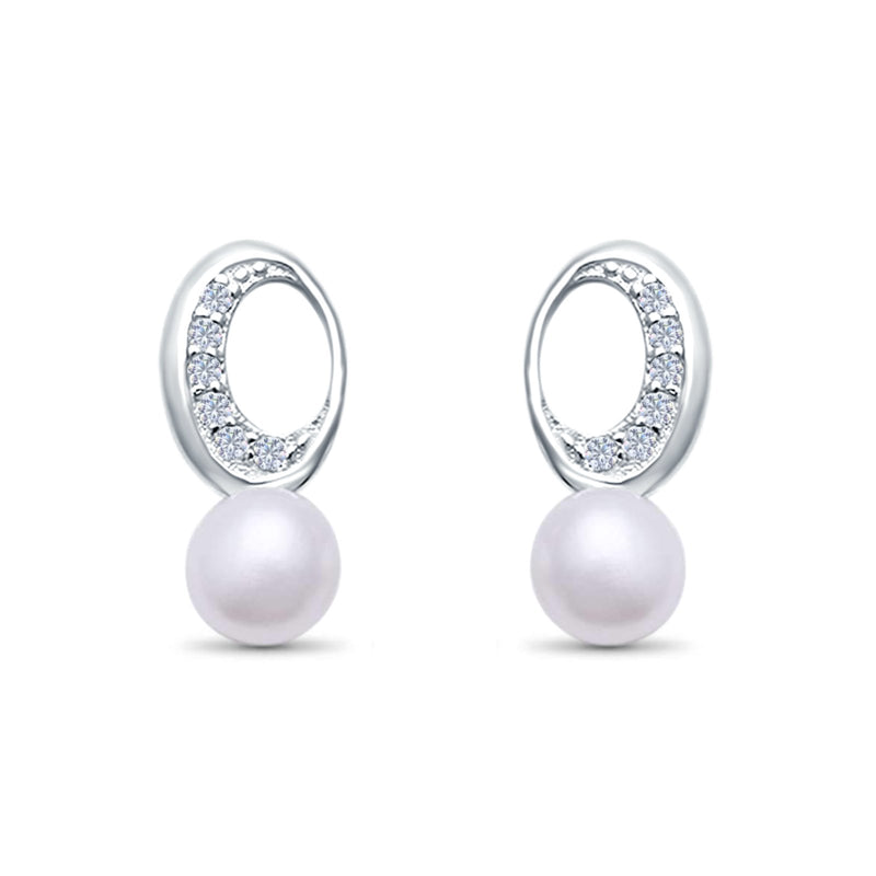 Circle Pearl Stud Earrings Simulated CZ 925 Sterling Silver