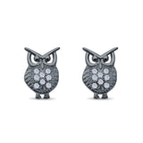 Lucky Owl Stud Earrings Round Pave Simulated CZ 925 Sterling Silver