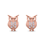 Lucky Owl Stud Earrings Round Pave Simulated CZ 925 Sterling Silver