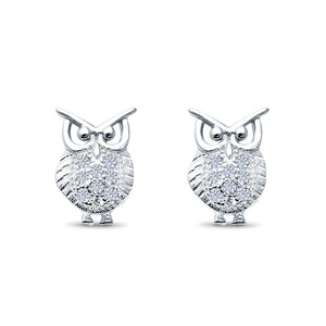 Lucky Owl Stud Earrings Round Pave Simulated CZ 925 Sterling Silver
