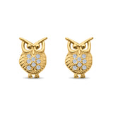 Lucky Owl Stud Earrings Round Pave Simulated CZ 925 Sterling Silver