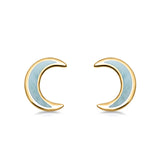 Half Moon CZ Stud Earrings Natural Larimar 925 Sterling Silver (7.5mm)