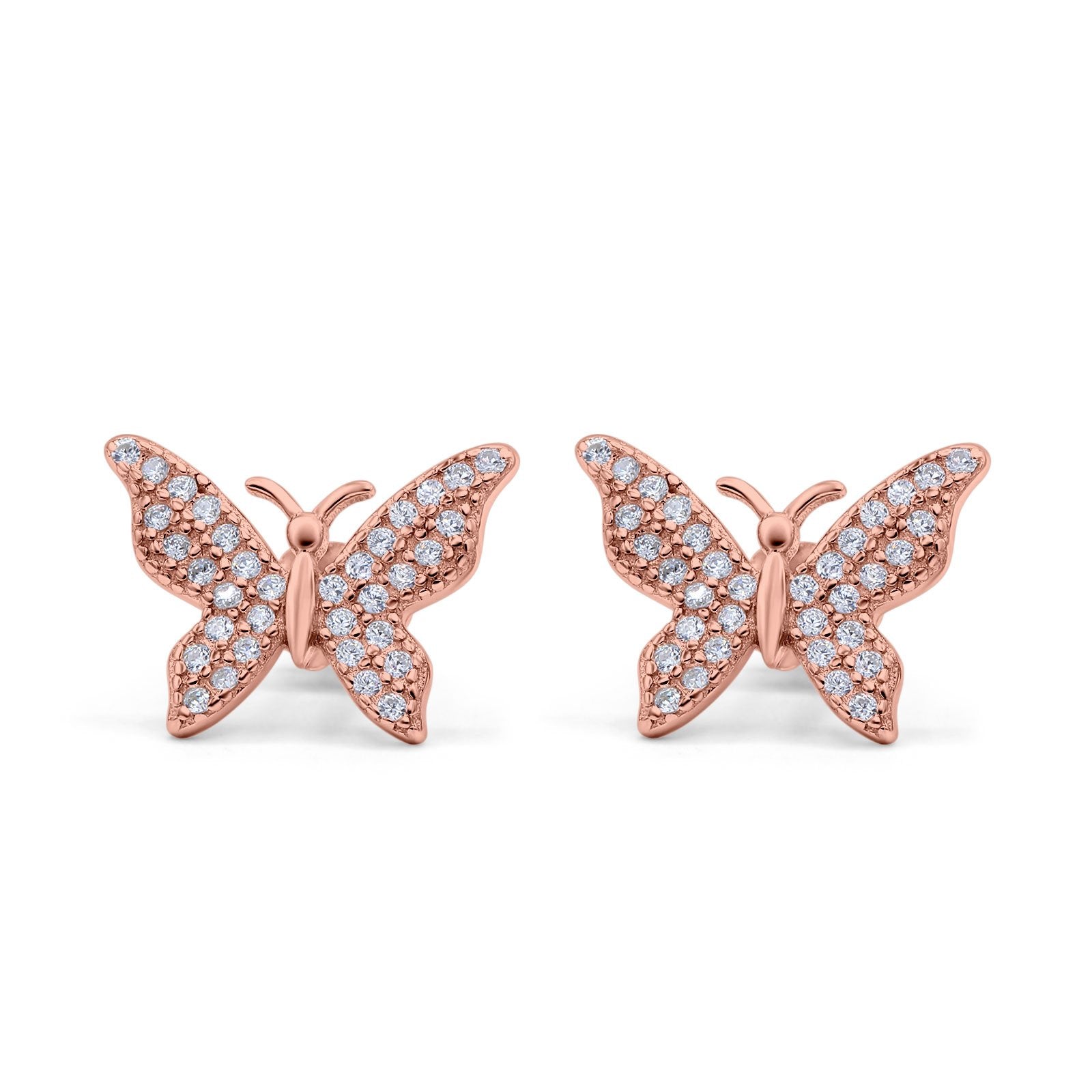 Butterfly Stud Earrings Simulated Cubic Zirconia 925 Sterling Silver (14mm)
