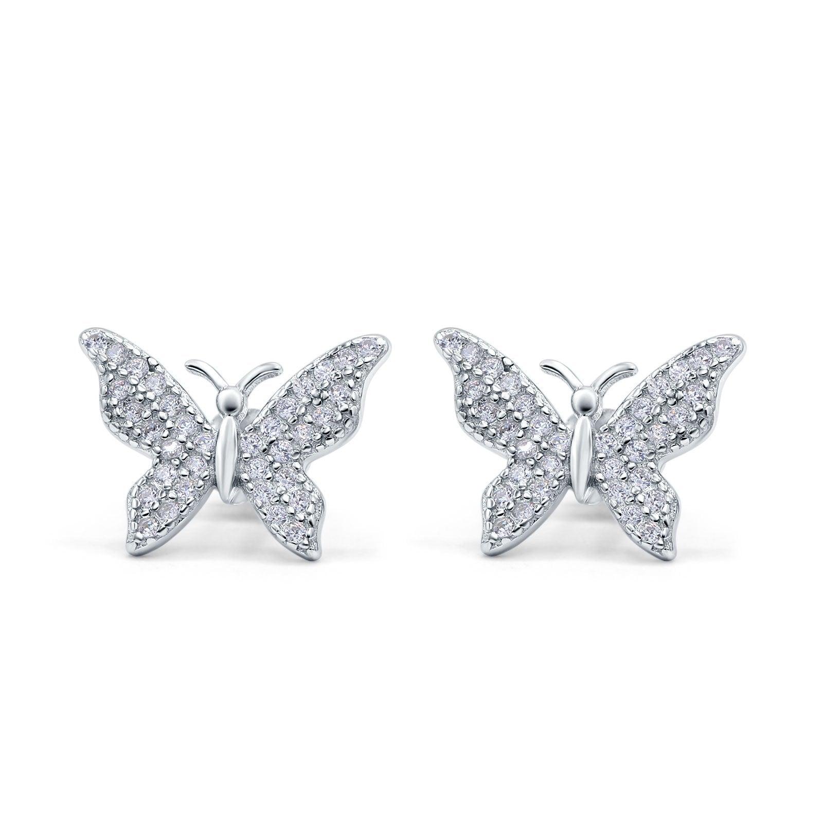 Butterfly Stud Earrings Simulated Cubic Zirconia 925 Sterling Silver (14mm)