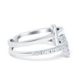 Sideways Cross Ring Round Simulated Cubic Zirconia 925 Sterling Silver