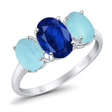 3-Stone Oval Created Opal Fashion Ring 925 Sterling Silver
