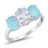 3-Stone Oval Created Opal Fashion Ring 925 Sterling Silver