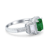Emerald Cut Halo Engagement Ring Simulated Cubic Zirconia 925 Sterling Silver
